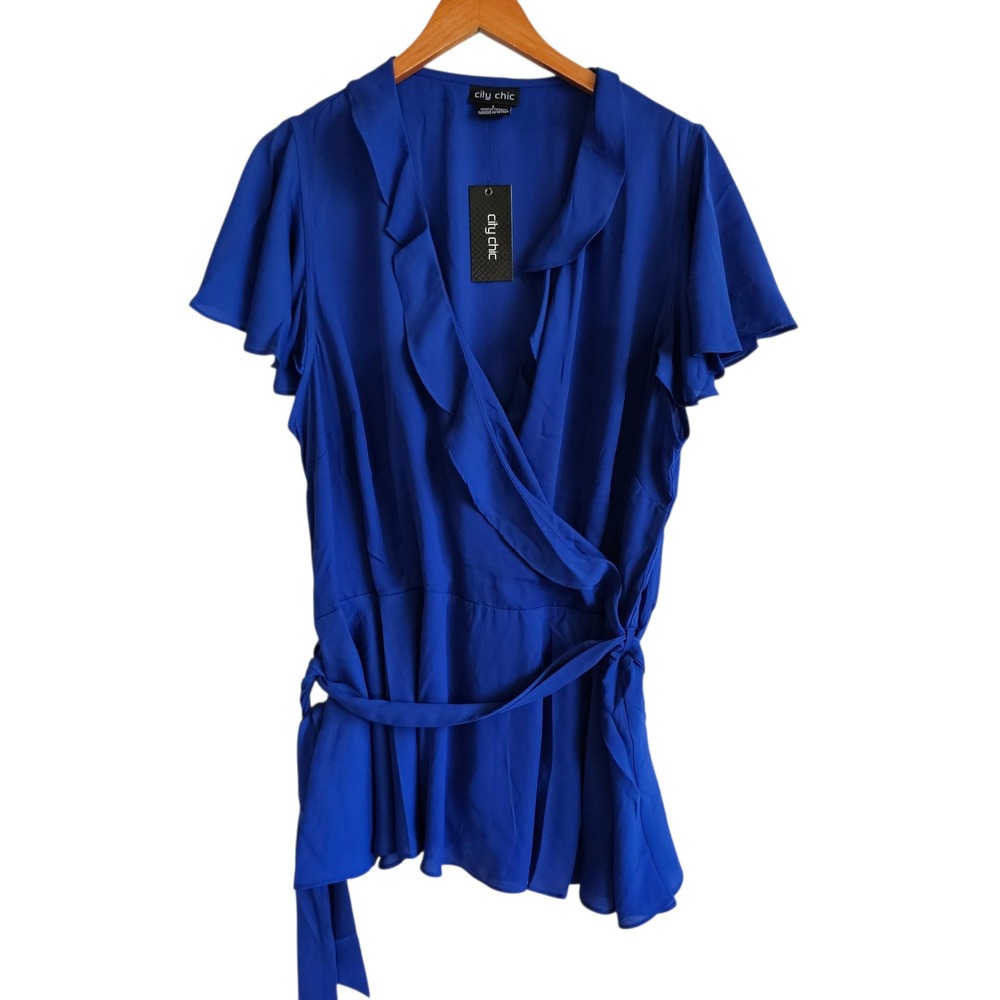 City Chic Women's Blue Ruffle Wrap Blouse Top Plus‎ Size 2X 20 NWT - Picture 4 of 13